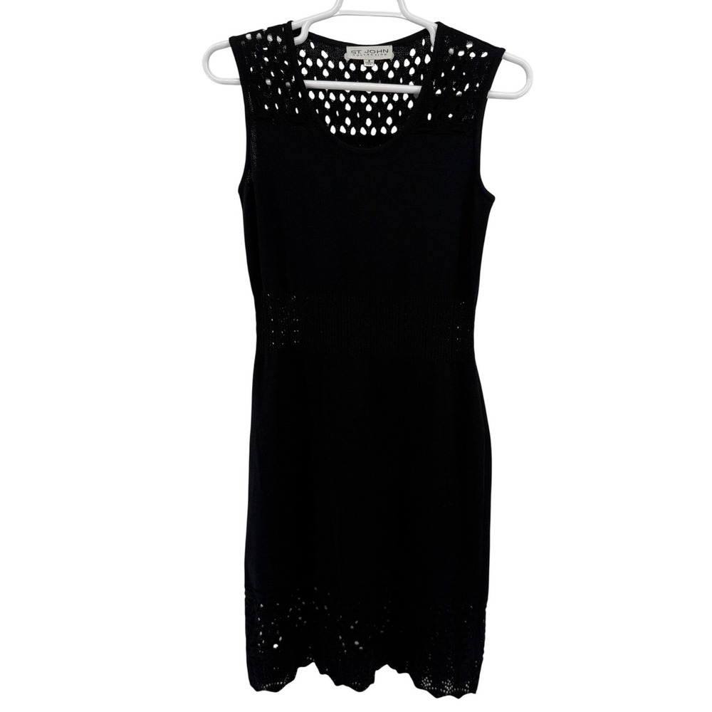 St John Collection Black Knit Pointelle Sleeveless Sheath Dress Size 8 USA Made